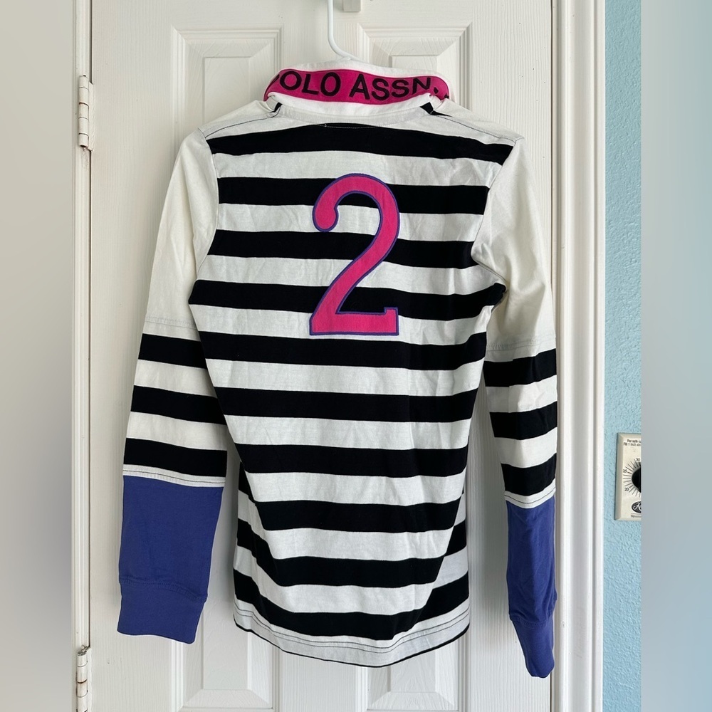U.S. Polo Assn. L/S color-block Girls Large rugby shirt purple White Black Pink - Picture 6 of 6